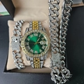 Men's hip hop watch set with gold and silver cuban links and green dial - Green Watch + Silver Bracelet and Necklace