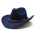 Close-up of navy wool cowboy hat featuring a brown leather band and antique metal buckle - M (56-58cm) / Navy Blue