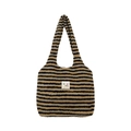 Fuzzy plush tote bag with horizontal black and brown stripes and a woven square label - Black