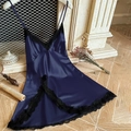 Navy blue satin nightgown featuring black eyelash lace trim and thin shoulder straps - Navy Blue