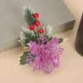 Pink poinsettia DIY ornament with red berries and snowy pine needles for Christmas decor - Light Purple