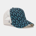 Detail view of floral print trucker hat with navy blue patterns and white mesh back panels - Style 19-Navy Cyan Flower