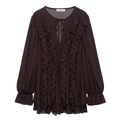 Women's vintage style deep brown chiffon dress with ruffled layers and tie-up neckline - XS / Dark Brown