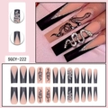 Long coffin fake nails with black snake patterns, rhinestones and matte grey finish - SGCY-222 Black Nude Patchwork Snake Rhinestone Style