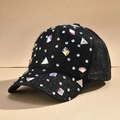 Close-up of a black baseball cap with iridescent rhinestones and shimmering fabric detail - Adult / Black