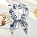 Navy and white Twilly scarf with celestial and vintage mythological prints for hair styling - Style C (White/Dark Blue Myth Building)