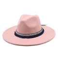 Detailed close-up of pink felt fedora hat featuring a navy blue tassel ethnic trim band - M (56-58cm) / Dusky Pink
