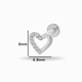 Silver G23 titanium labret stud featuring a hollow heart set with cubic zirconia - Silver Heart (T2506-3# Silver)
