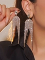 Elegant long silver tassel earrings with sparkling rhinestones on female model - Bright Silver Long Tassel