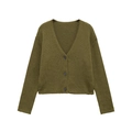 Olivgrüne Strickjacke mit V-Ausschnitt, langen Ärmeln und drei dunklen Knöpfen auf weißem Grund - S / Cardigans