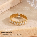 Adjustable golden stainless steel open ring featuring a row of white enamel hearts - Gold/Heart Chain