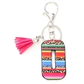 Rainbow striped and leopard print letter O keychain with pink tassel and silver ring - Letter O