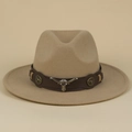 Khaki western felt fedora hat with brown leather band and silver bull head ornament - Apricot / M (56-58cm)