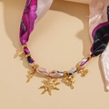Golden silk scarf necklace featuring pink floral fabric and vintage sun heart charms - 12# Necklace-Beige