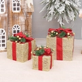 Set di 3 scatole regalo di Natale in rete dorata con nastri rossi e decorazioni pigne - Oro (Senza Luci) / Set da 3 pezzi