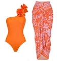 Orange one-shoulder swimsuit with 3D flower detail and tropical print wrap skirt set - S / One Shoulder Flower One Piece + Sarong Set