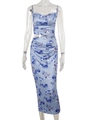 Detail of floral print maxi dress featuring waist cut-out and gathered ruched details - S / Blue