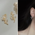 French vintage flower pearl ear clips with gold plating and clear zircons for women - Crystal Flower Stud Clip-on