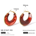 Detailed view of 36mm amber resin U-shape earrings with gold stainless steel specs - Reddish Brown Marble (NB-E1627-RD)