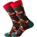 Brown mid-calf socks featuring orange fox and red berry patterns with green accents - Size 39-45 / Little Fox