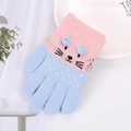 Close-up of pink and blue knit gloves for kids featuring a cute 3D cartoon cat pattern - Kids 3-7 Years / Light Blue