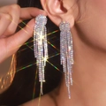 Elegant silver square rhinestone long tassel earrings with sparkling drop design - DTE1617019S-WAB Iridescent Tassel / Silver AB Color