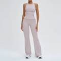 Ensemble de yoga deux pièces rose fumé avec haut dos nageur et pantalon évasé taille haute - S / Gris Violet Clair (Col Rond)