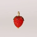 Handmade red strawberry glass pendant with green leaf and golden metal loop - Red Strawberry