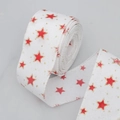 White linen ribbon with red glitter stars and wired edges for Christmas gift wrapping - 6.5cm / White Star