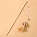Wooden cat wand toy with a striped rope ball, bell, and natural feathers on a string - Paper Rope Ball Red