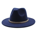 Classic navy blue wool fedora hat with gold metal chain accent and structured wide brim - M (56-58cm) / Navy Blue