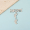 Detailed view of silver MOM charm with rhinestone heart and baby feet pendants - Silver Tone MOM + 2 Feet Pendant