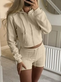 Women's beige loungewear set with zip-up hoodie and shorts for casual sporty comfort - S / Khaki