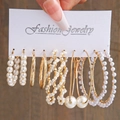 6-pair set of gold-plated alloy hoop earrings with artificial pearls on a white card - Gold Wrapped Pearl Style (5604201)