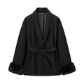 Detail of women's black wool coat showing plush faux fur cuffs and waist tie belt - S / Black
