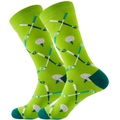 Green mid-calf socks with golf club and ball patterns and contrast dark green accents - Size 39-45 / Golf