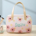 Portable PVC makeup bag with pink flower patterns and beige leather handle - Pink Plum (Square Large)