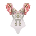 Costume intero rosa e bianco con stampa floreale barocca e spalline con volant a strati - S / Costume intero con volant