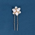 Golden flower hair pin with white pearls and small rhinestones for bridal hairstyles - Three Pearls Style Single Piece
