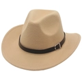 Classic beige felt fedora hat with wide brim and brown faux leather metallic buckle strap - M (56-58cm) / Camel Cowboy (Black Belt)
