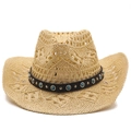 Stroh-Cowboyhut mit Türkisperlen und breiter Krempe für optimalen Sonnenschutz - M (56-58cm) / Camel