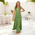 Elegant grass green deep V-neck dress with ruffle details and waist cutout design - S / Green