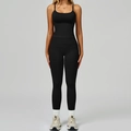 Ensemble de yoga noir côtelé deux pièces avec haut court sans bretelles et legging taille haute - S / Gilet+Pantalon-Noir Premium