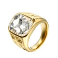 Titanium steel ring in gold finish with rectangular gemstone and cross engraving - Gold White Zirconia