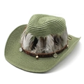Green woven straw cowboy hat with ethnic feathers and decorative silver pendants - Army Green