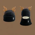Cute black knitted reindeer antler earflap hat and scarf set for winter warmth - 4481-Dual Use Antler Style / Black