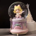 Pink Lolita crystal ball music box with guitar girl and rotating snowflake lights - 2527 Pink Base / Medium 80mm Light + Music