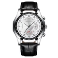 MREURIO men's chronograph watch with silver dial, calendar, and black leather strap - Silver Case White Face