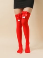 Red Christmas over-the-knee stockings with satin bows and white plush pom-poms - Red Socks with Red Bow and White Pompoms
