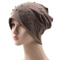 Gorro slouchy de algodón marrón unisex con adornos de perlas y patrones de strass - 56-61cm / café